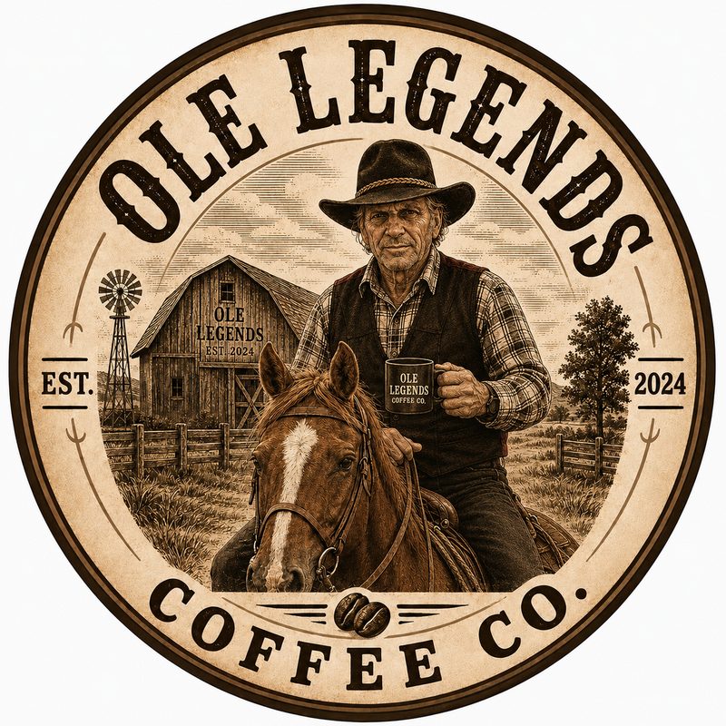 Illustrated portrait of the Ole Legends rancher holding a branded coffee mug on horseback